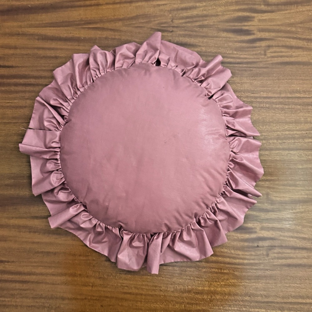 Round Ruffled Accent Pillow – Dusty Rose Pink Vintage Handmade 19" mauve Cottage